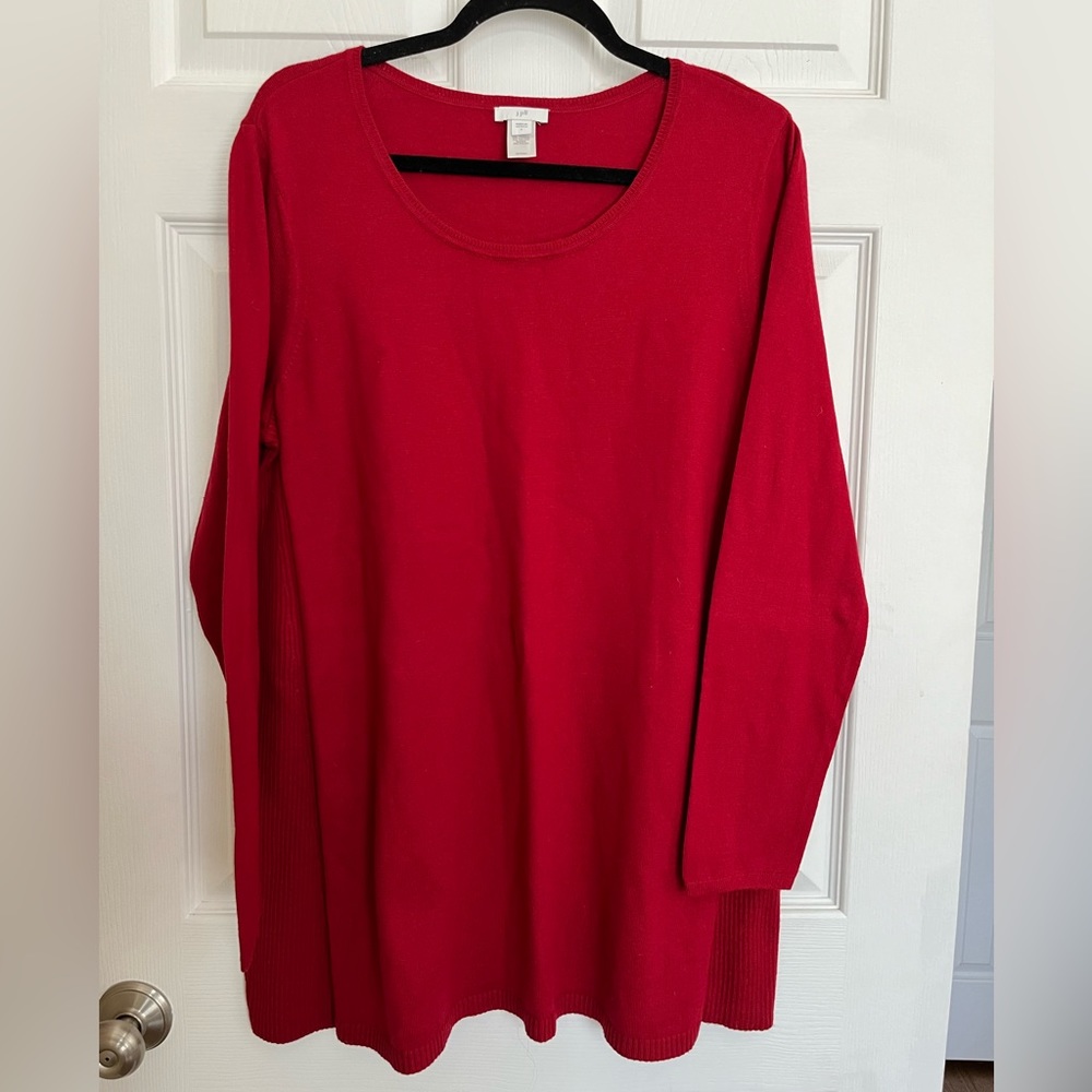 J Jill Red Pull On Knit Top Sweater Long Sleeve Ribbed Side Panels Long Line Lg